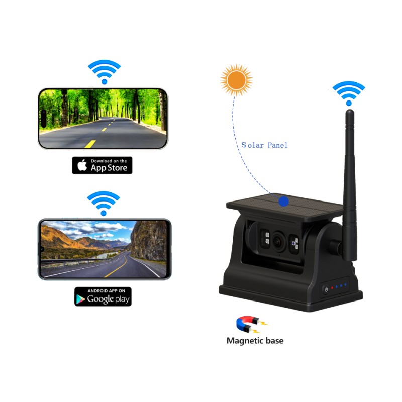 1080P WiFi draadloze achteruitrijcamera voor Android iOS met opladen via zonne-energie en magnetische houder