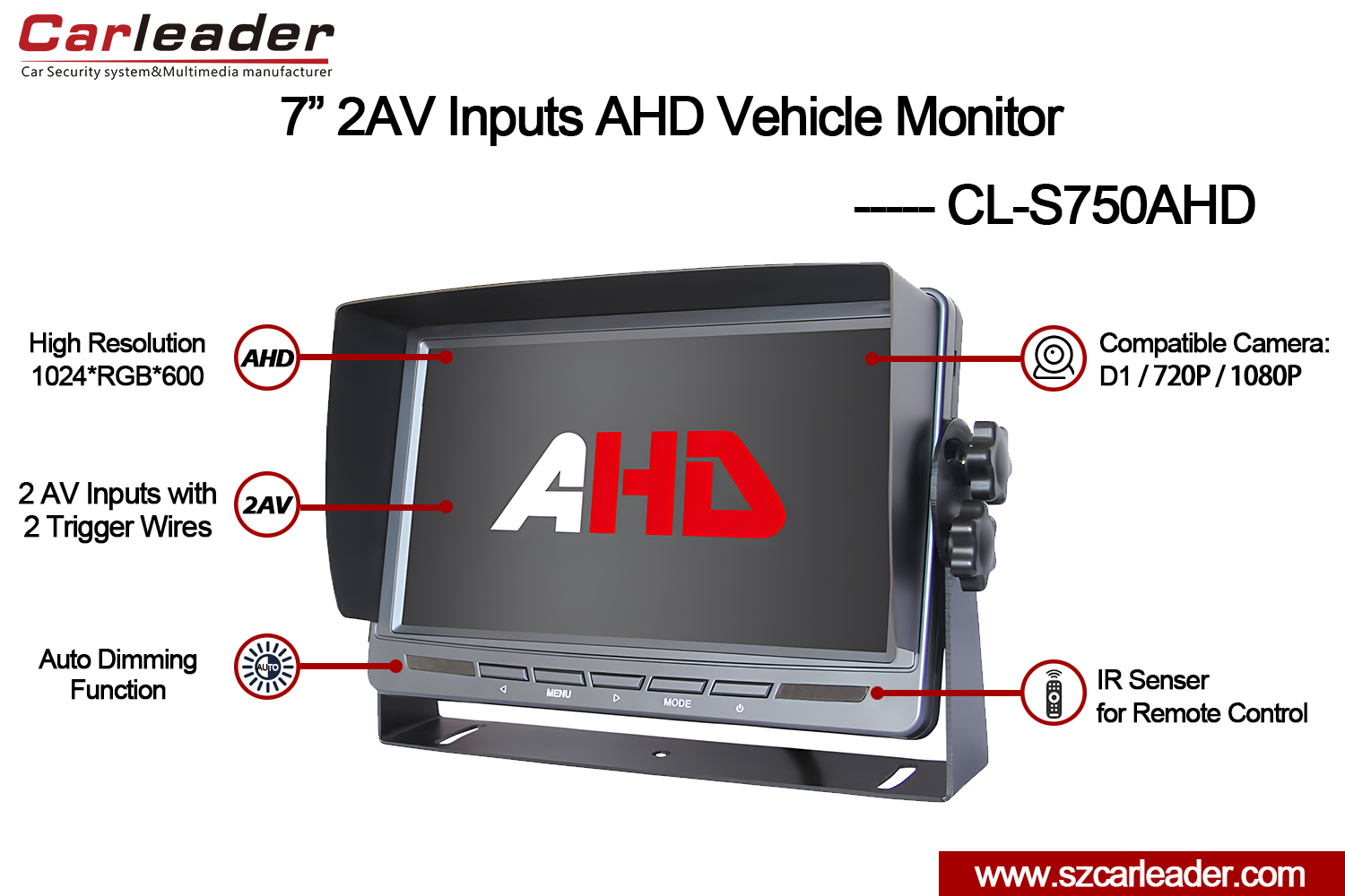 7 inch 2AV AHD achteruitrijmonitor voor vrachtwagen