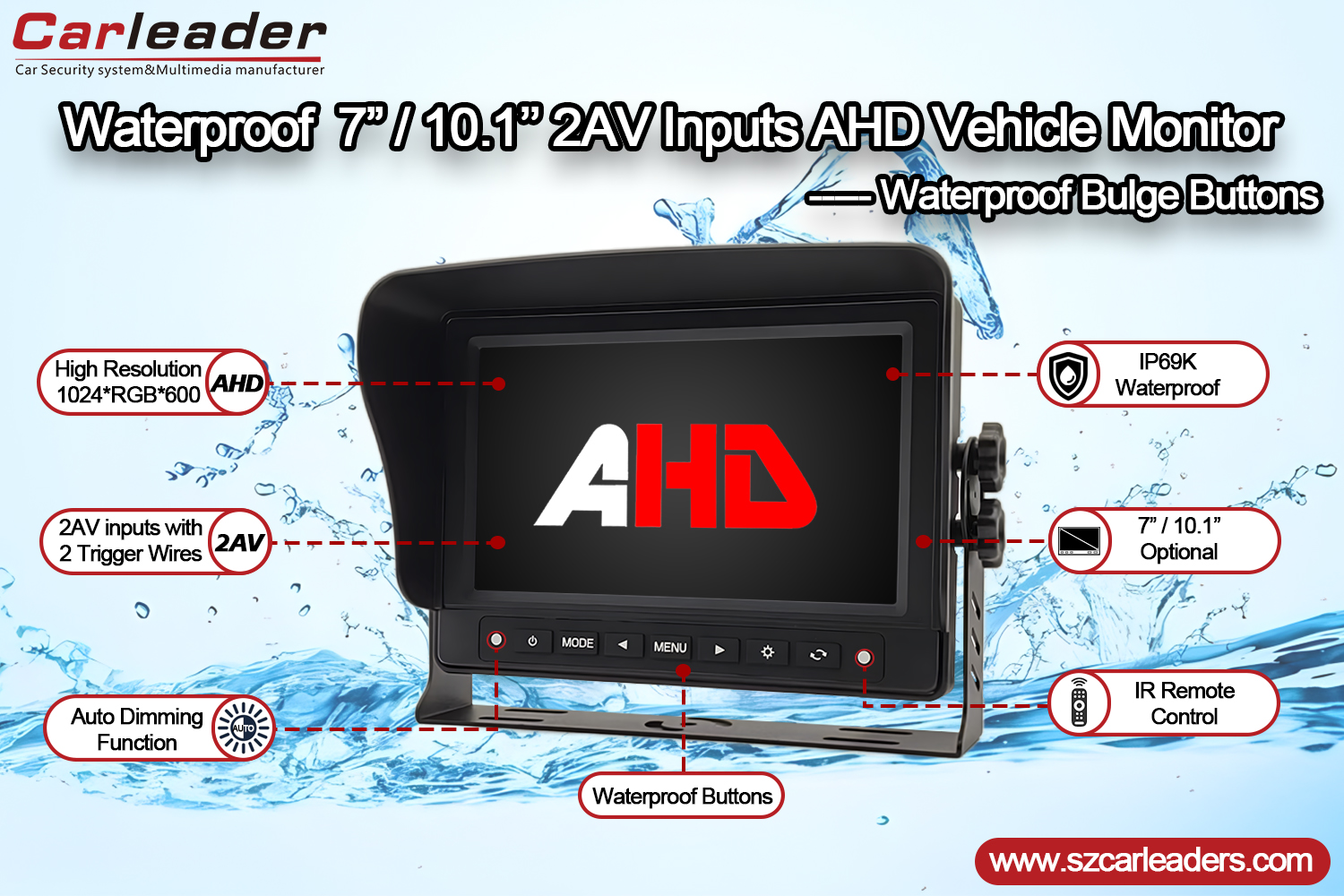 7 inch AHD IP69K auto-achteruitrijcamera waterdichte monitor
