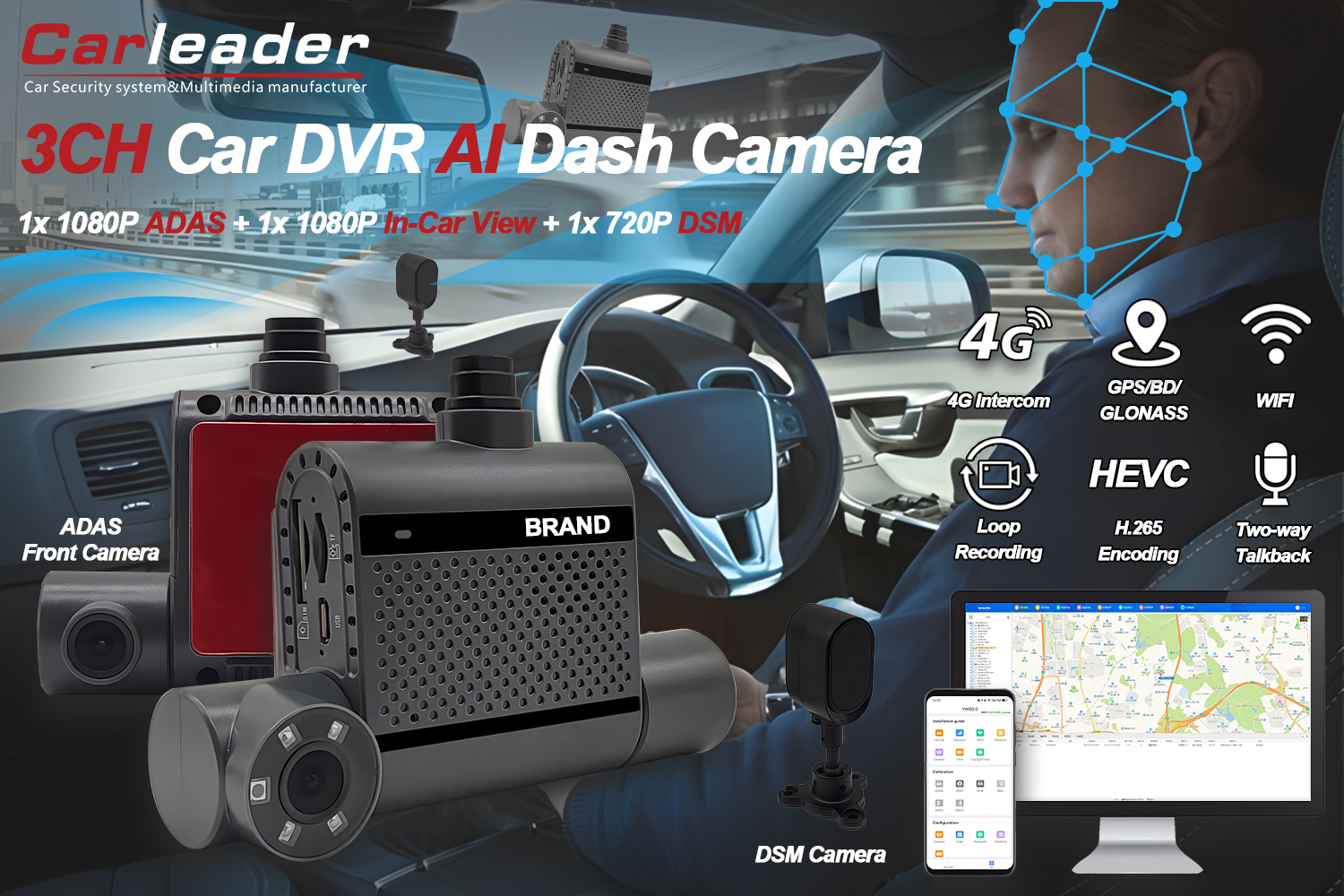 4G dubbele AI-dashcamera met ADAS en DSM