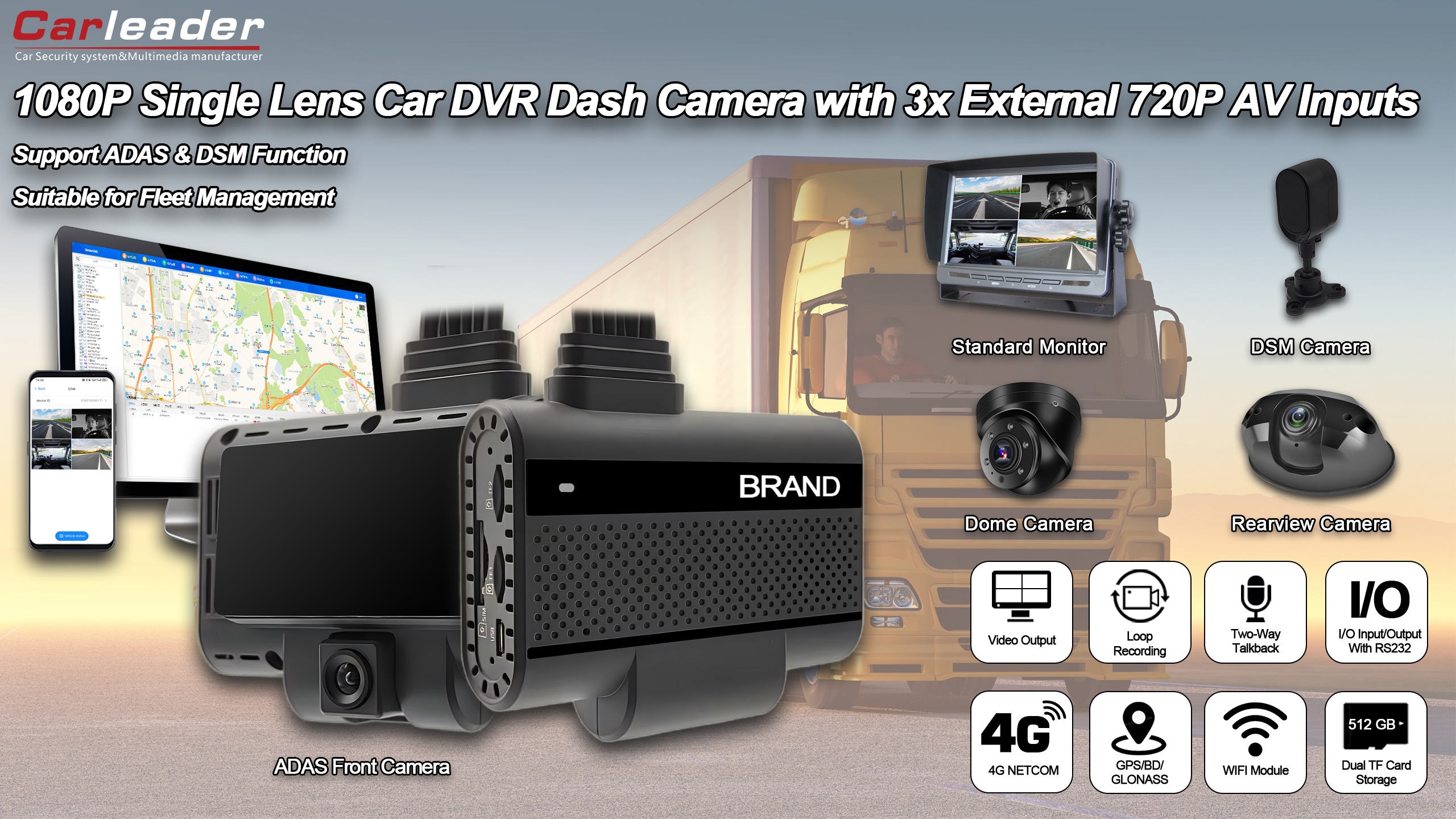 Carleader 4CH DVR AI Dash Camerasysteem voor vlootbeheer