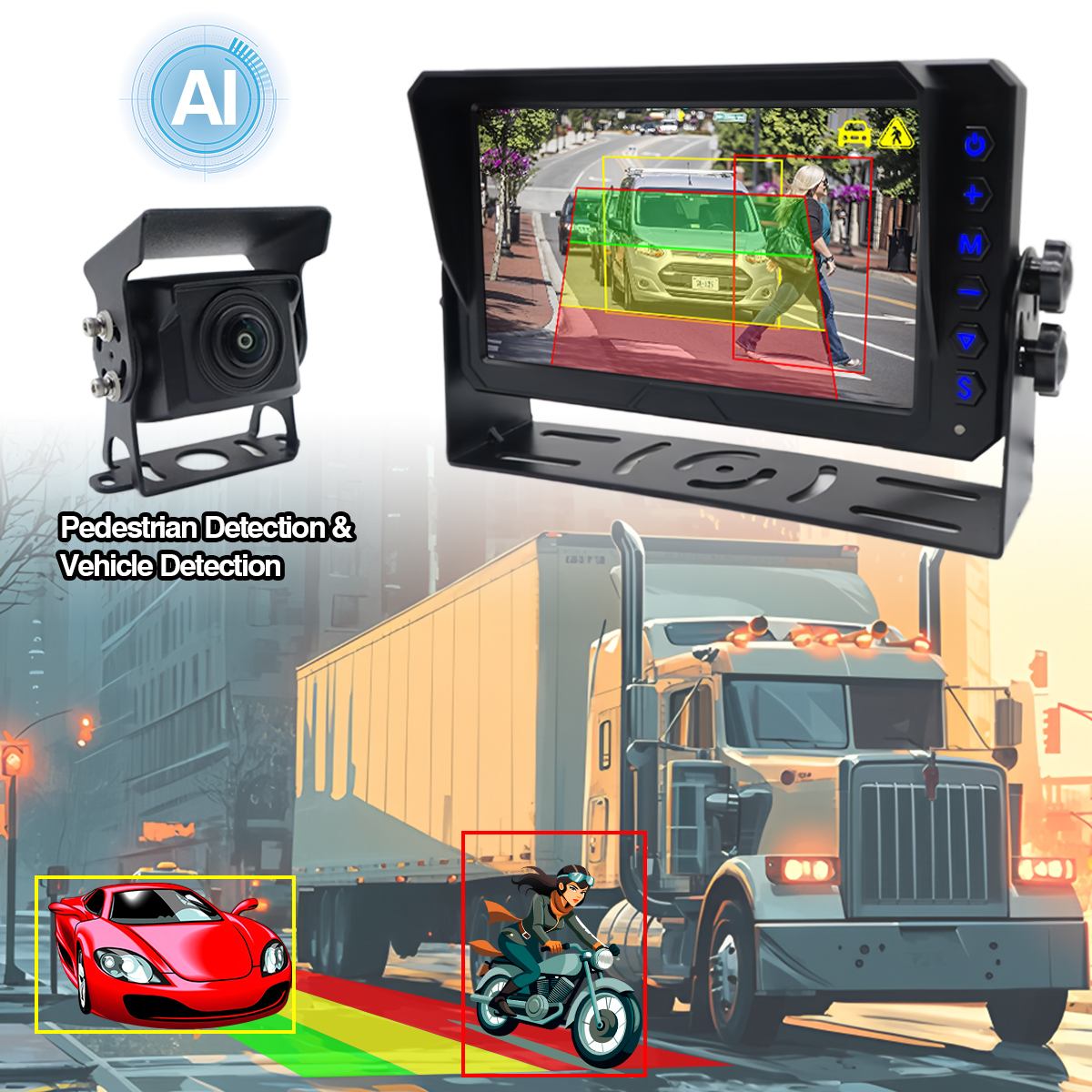 7 Inch AI BSD Blind Spot Detection Monitoring System Ondersteuning AI-kalibratie
